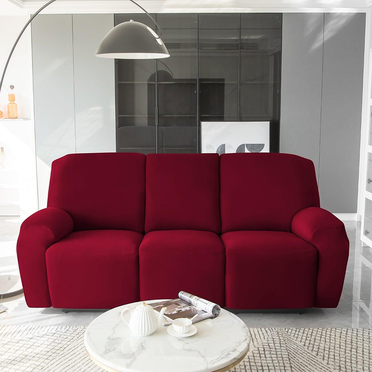 Stylish three seater Bright Burgundy Colour elastic stretchable polyester recliner cover
