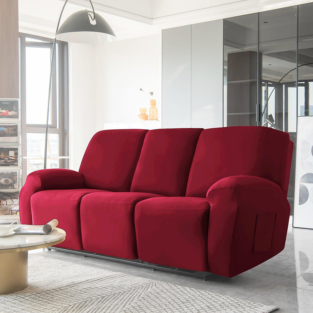Buy Bright Burgundy Colour elastic full fitted polyester 3 seater recliner sofa cover
