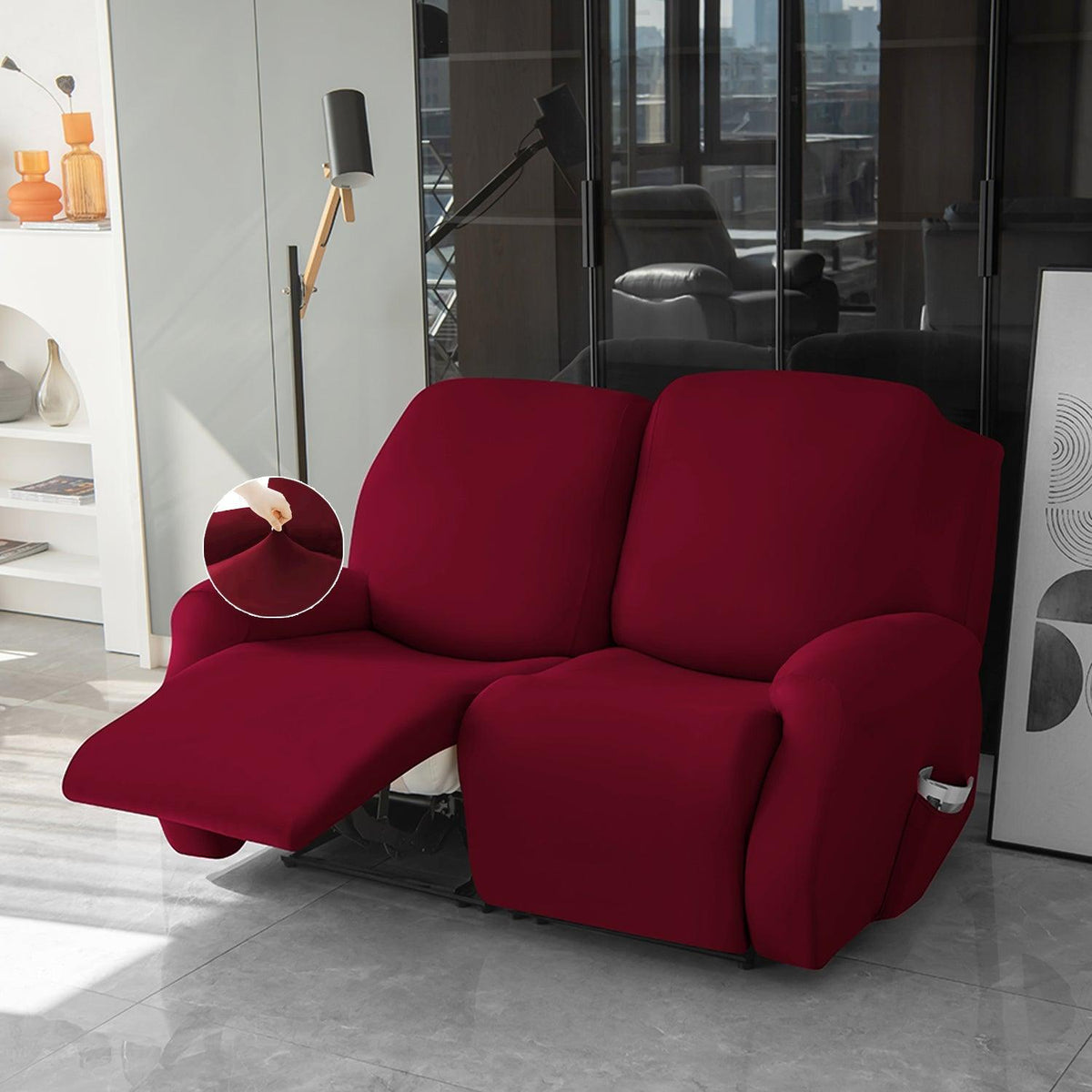 2 seater Bright Burgundy Colour stretchable elastic polyester recliner cover
