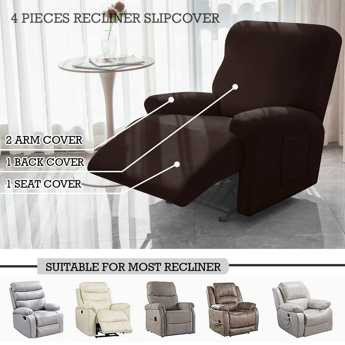 Elastic Stretchable Recliner Sofa Cover, Coffee - HOKIPO | Har Ghar ka Humsafar