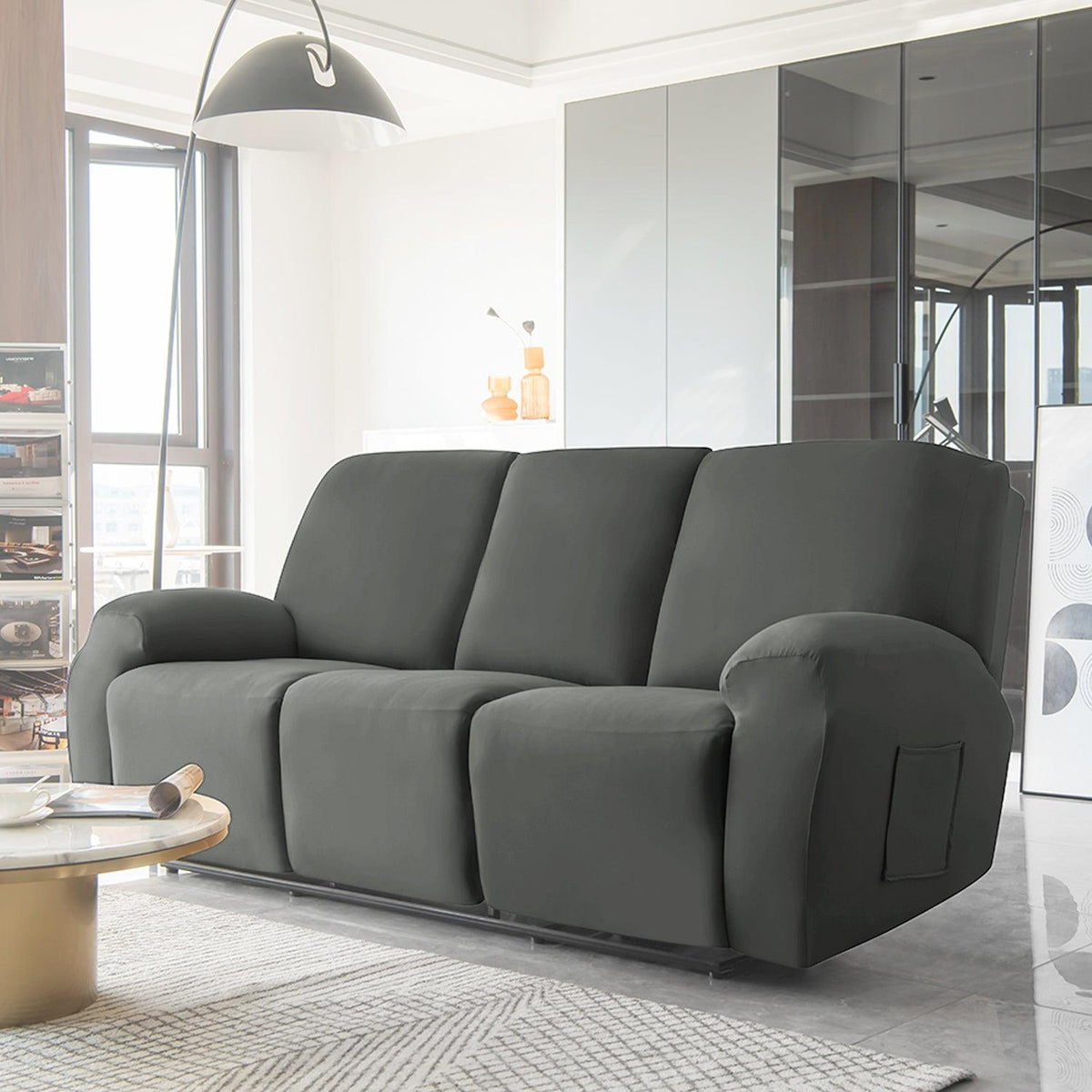 Buy stylish 3 seater Grey Colour elastic stretchable polyester recliner sofa cover
