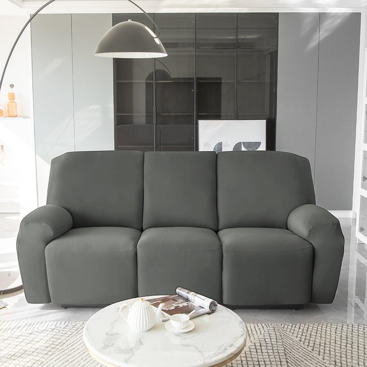 Stylish three seater Grey Colour elastic stretchable polyester recliner cover

