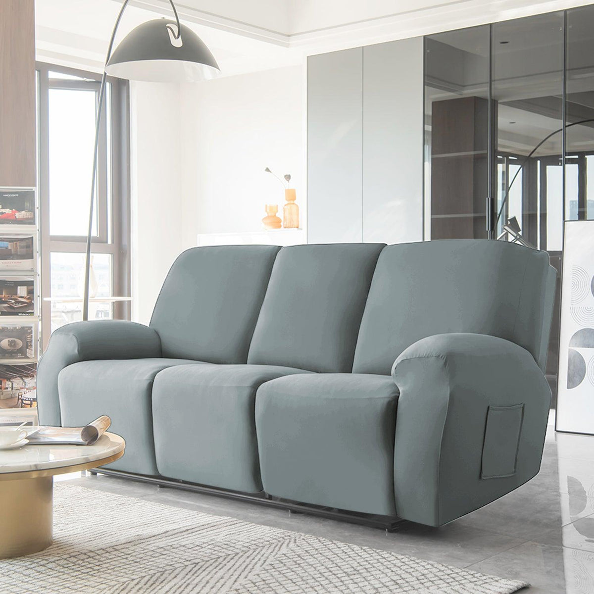 Stylish three seater Smokey Grey Colour elastic stretchable polyester recliner cover
