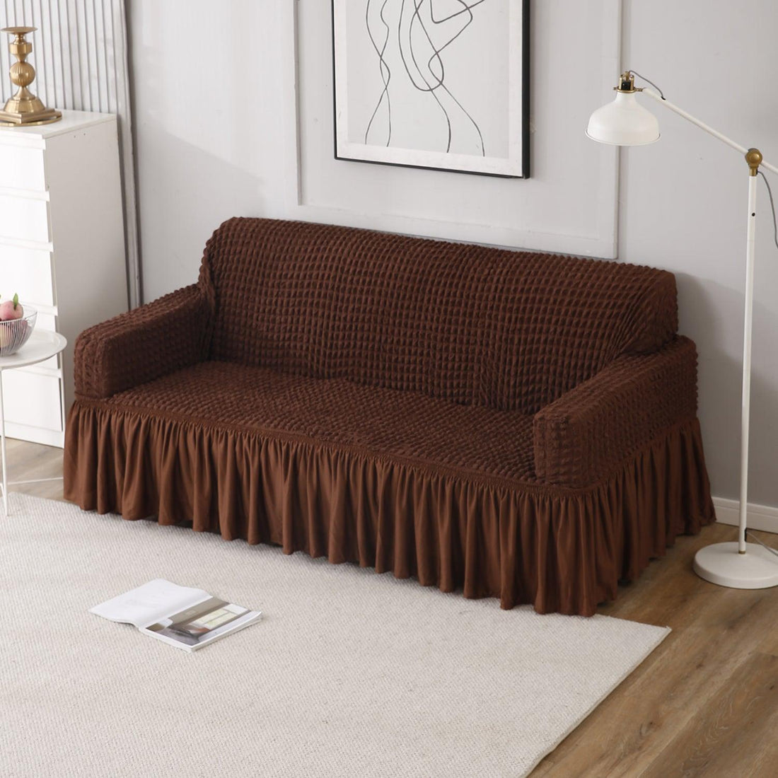 Dark Brown Elastic Turkish Bubble Frill 3 seater sofa cover​