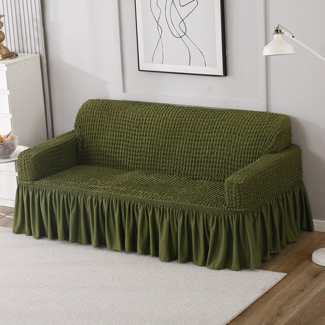 Forest Green Elastic Turkish Bubble Frill 3 seater sofa cover​