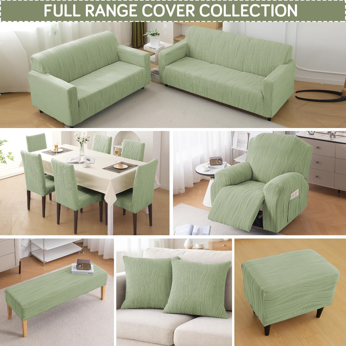 Buy the full range of Nestiva Series pastel green colour jacquard covers—perfect fit for your Sofa, Recliner, Dining Bench, and Foot Stool