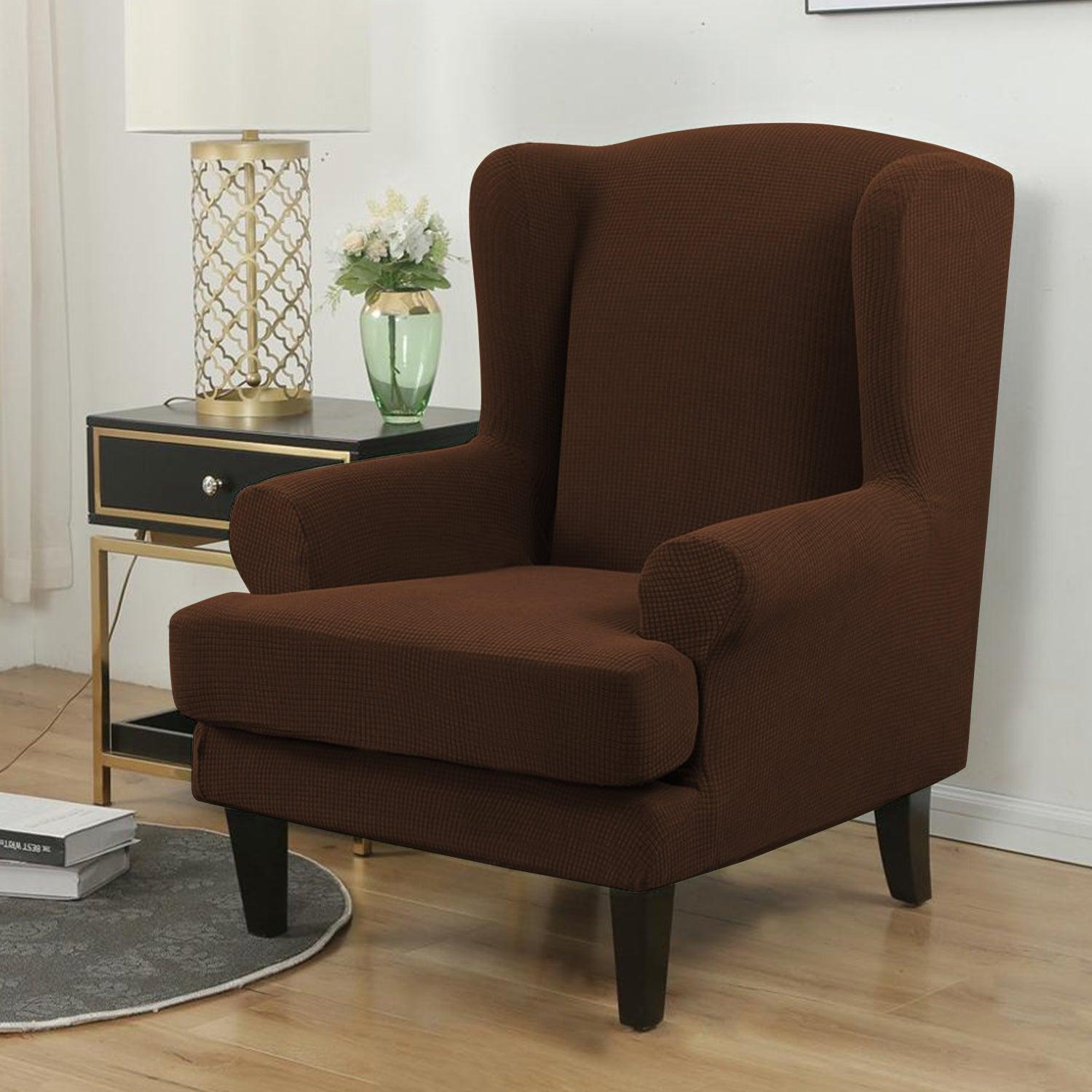 Fully Covered Stretchable Jacquard Wing Chair Cover, Dark Brown - HOKIPO | Har Ghar ka Humsafar