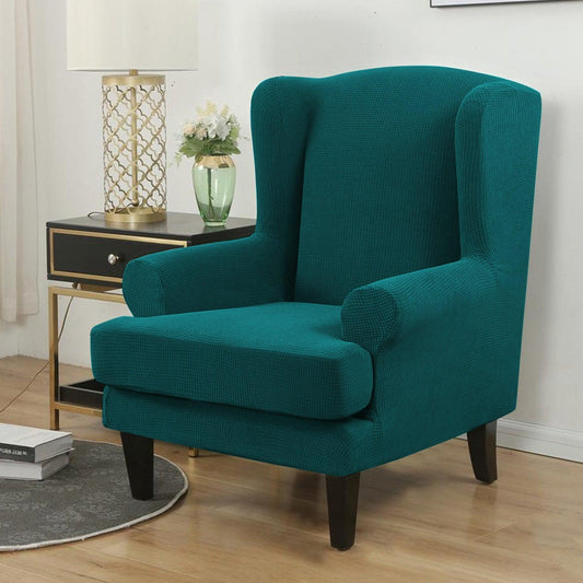 Fully Covered Stretchable Jacquard Wing Chair Cover, Deep Teal - HOKIPO | Har Ghar ka Humsafar