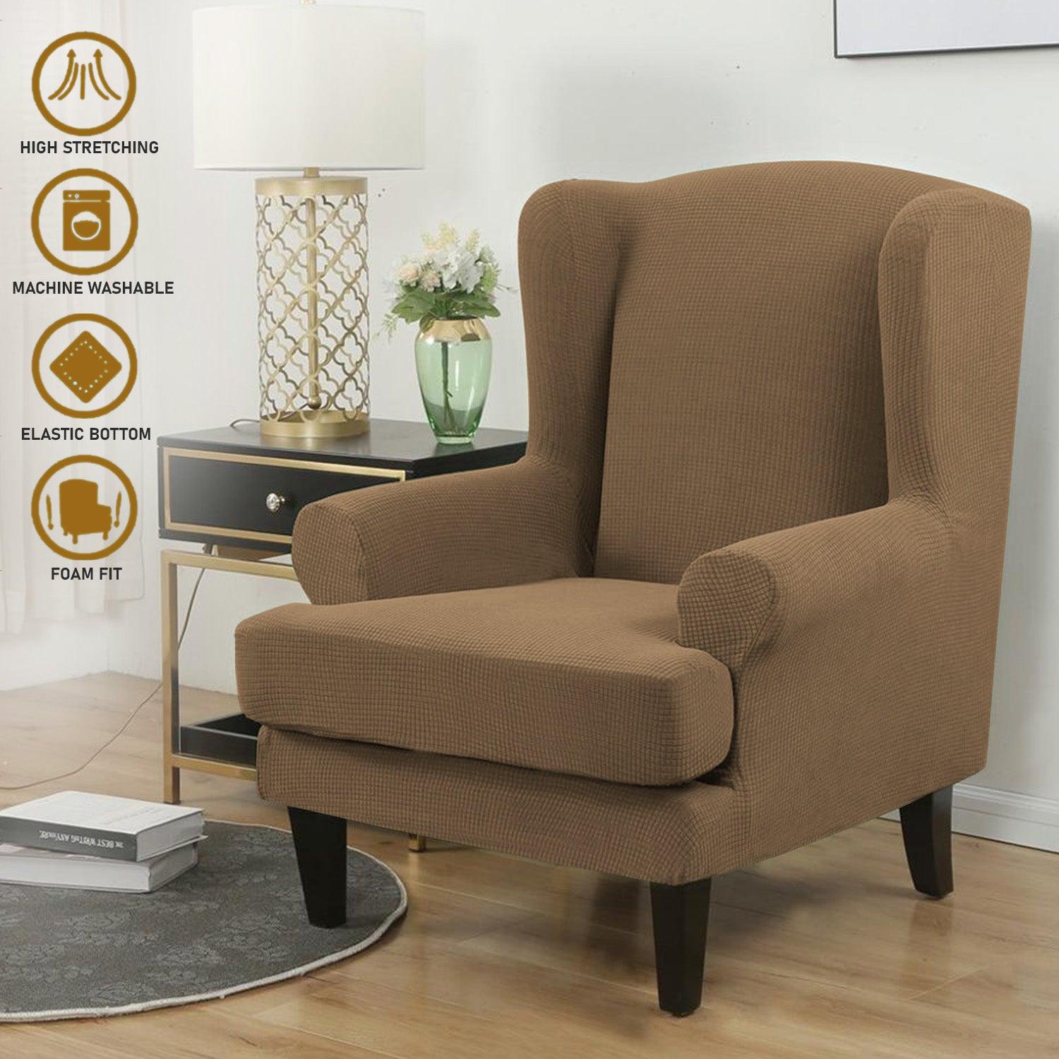 Fully Covered Stretchable Jacquard Wing Chair Cover, Light Brown - HOKIPO | Har Ghar ka Humsafar