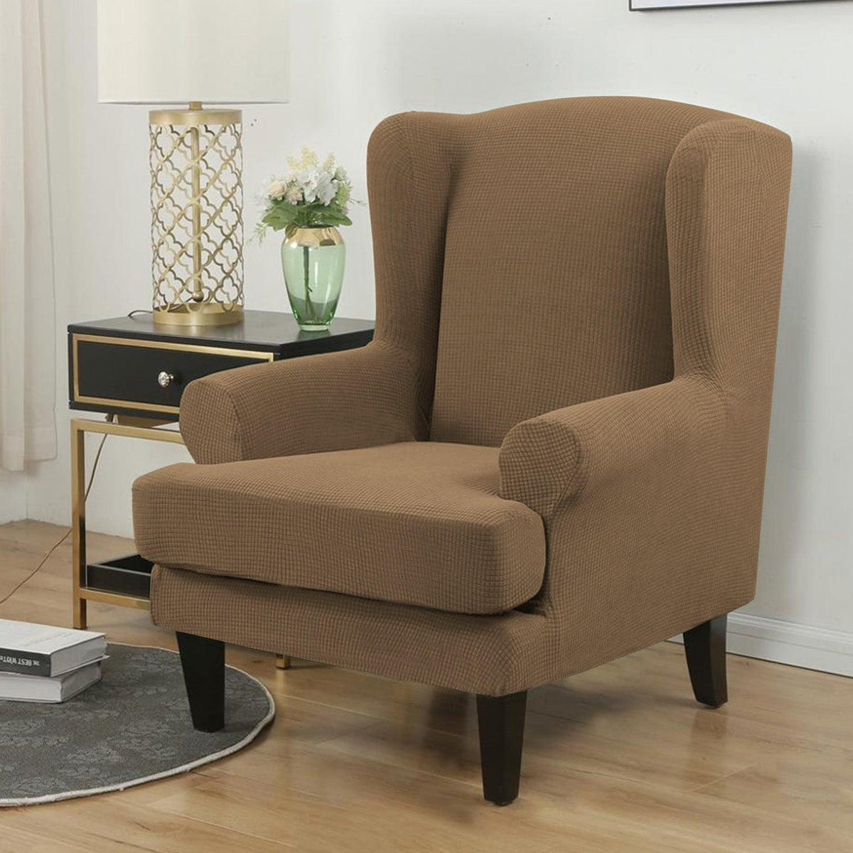 Fully Covered Stretchable Jacquard Wing Chair Cover, Light Brown - HOKIPO | Har Ghar ka Humsafar