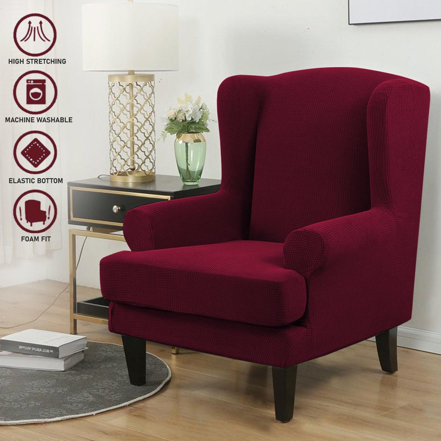 Fully Covered Stretchable Jacquard Wing Chair Cover, Wine - HOKIPO | Har Ghar ka Humsafar