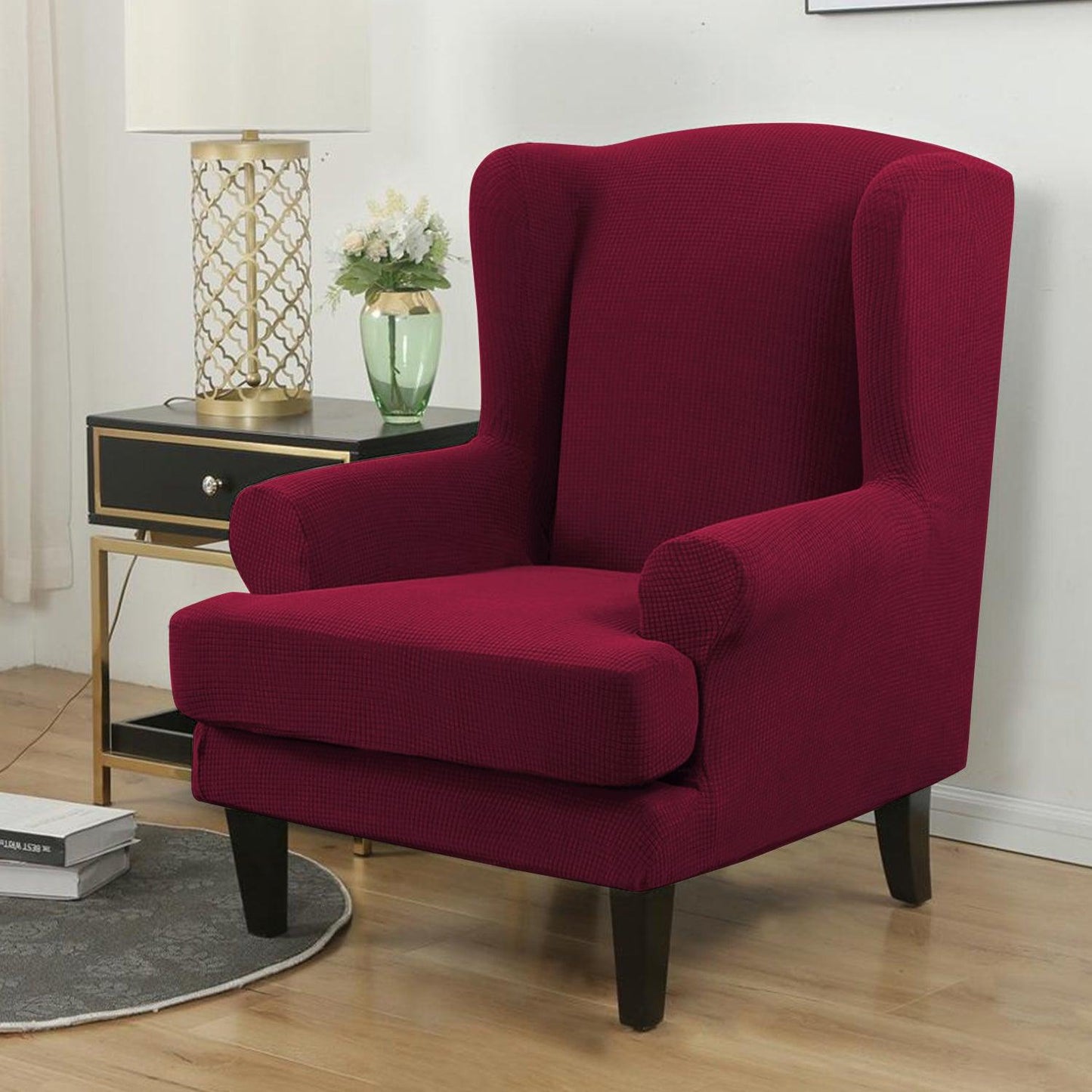 Fully Covered Stretchable Jacquard Wing Chair Cover, Wine - HOKIPO | Har Ghar ka Humsafar