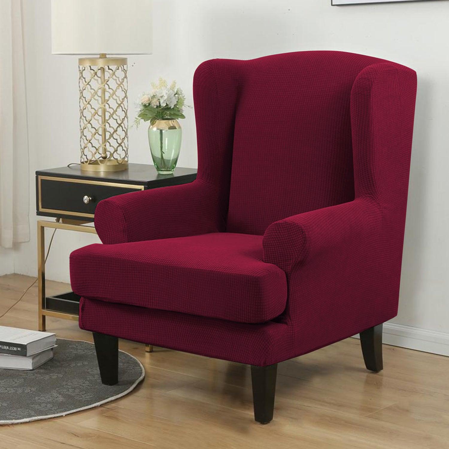 Fully Covered Stretchable Jacquard Wing Chair Cover, Wine - HOKIPO | Har Ghar ka Humsafar