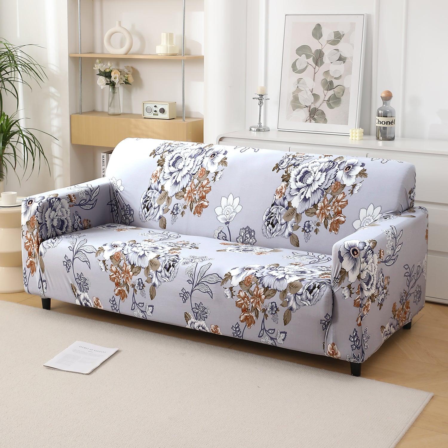 Gentle Grey Dahlia Printed Elastic Sofa Cover - HOKIPO | Har Ghar ka Humsafar