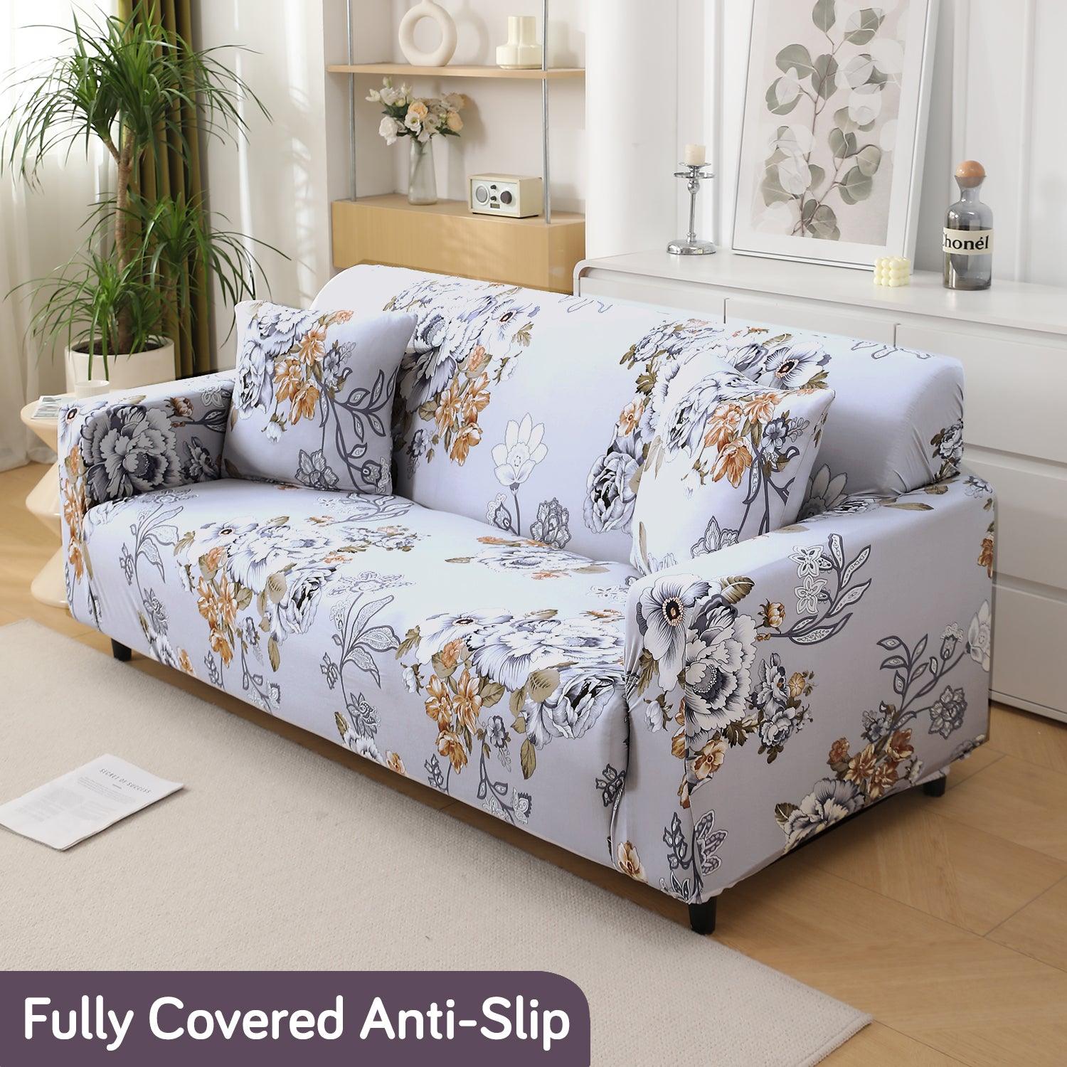 Gentle Grey Dahlia Printed Elastic Sofa Cover - HOKIPO | Har Ghar ka Humsafar