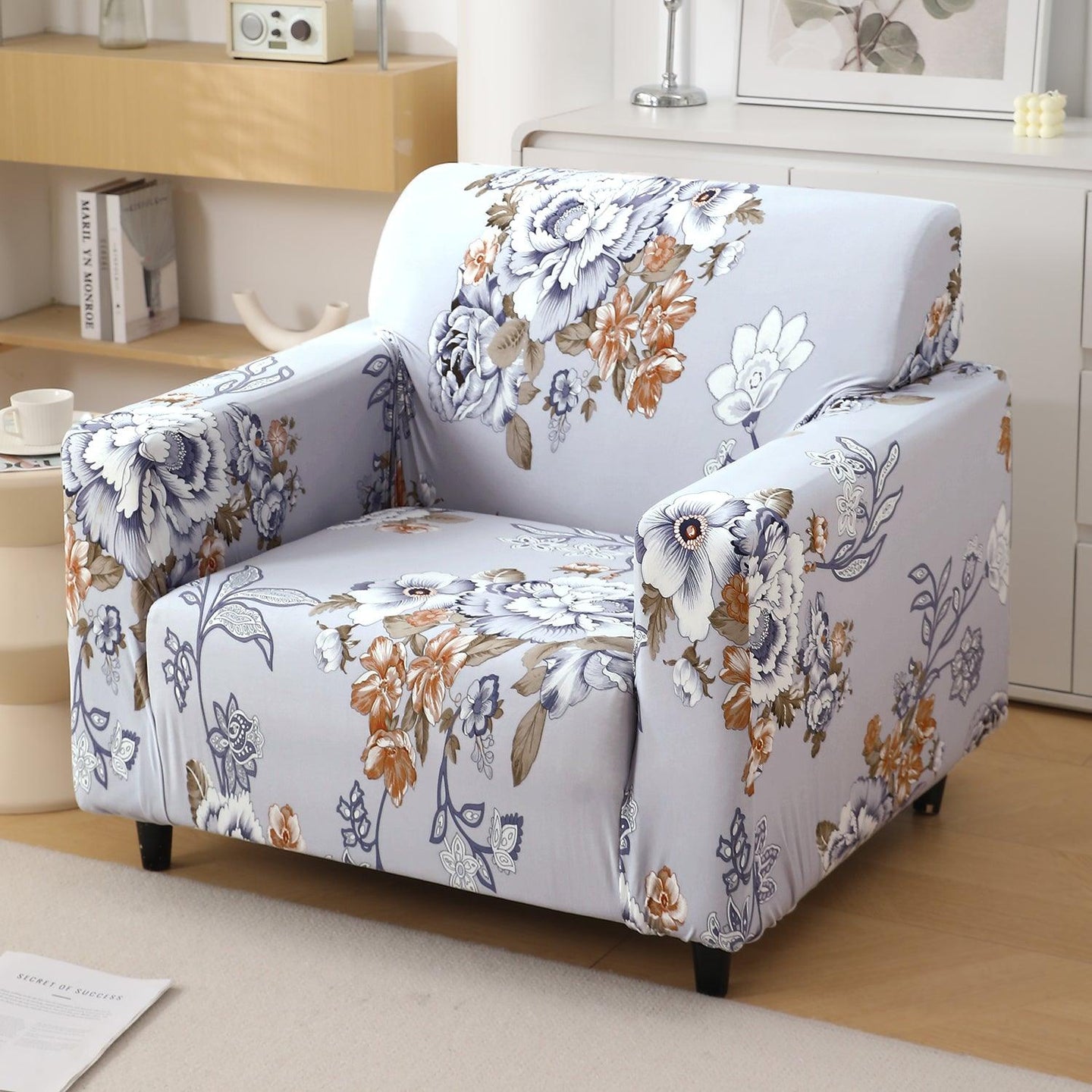 Gentle Grey Dahlia Printed stretchable single sofa cover​