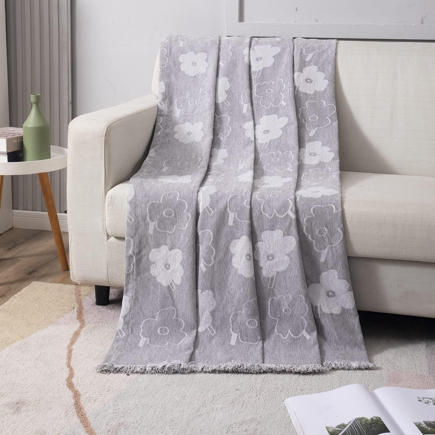 Grey Floral Chenille Sofa Throw | Thick & Soft for 1/2/3 Seater - HOKIPO | Har Ghar ka Humsafar