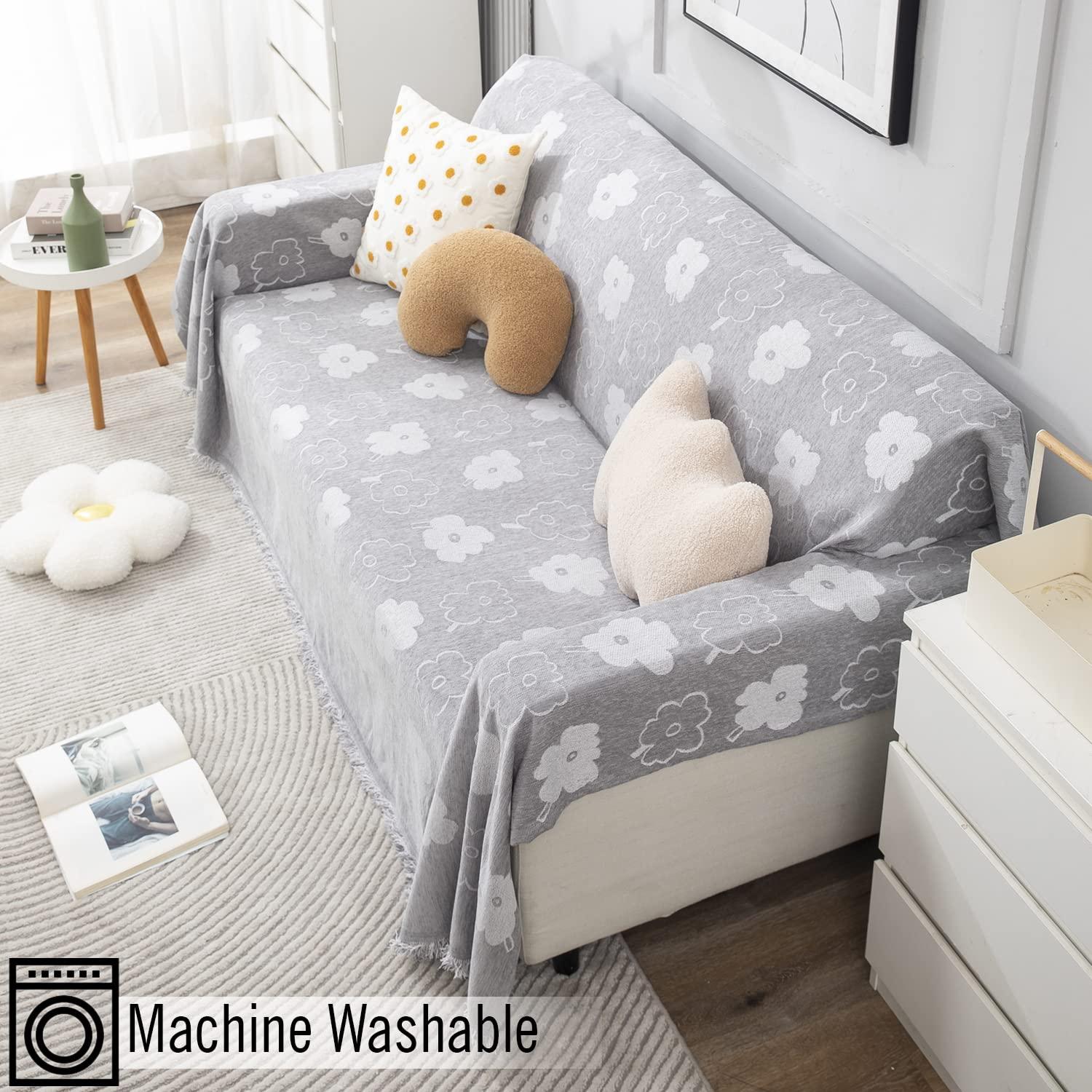 Grey Floral Chenille Sofa Throw | Thick & Soft for 1/2/3 Seater - HOKIPO | Har Ghar ka Humsafar