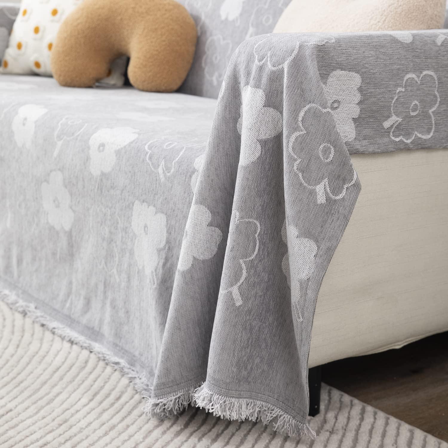 Grey Floral Chenille Sofa Throw | Thick & Soft for 1/2/3 Seater - HOKIPO | Har Ghar ka Humsafar