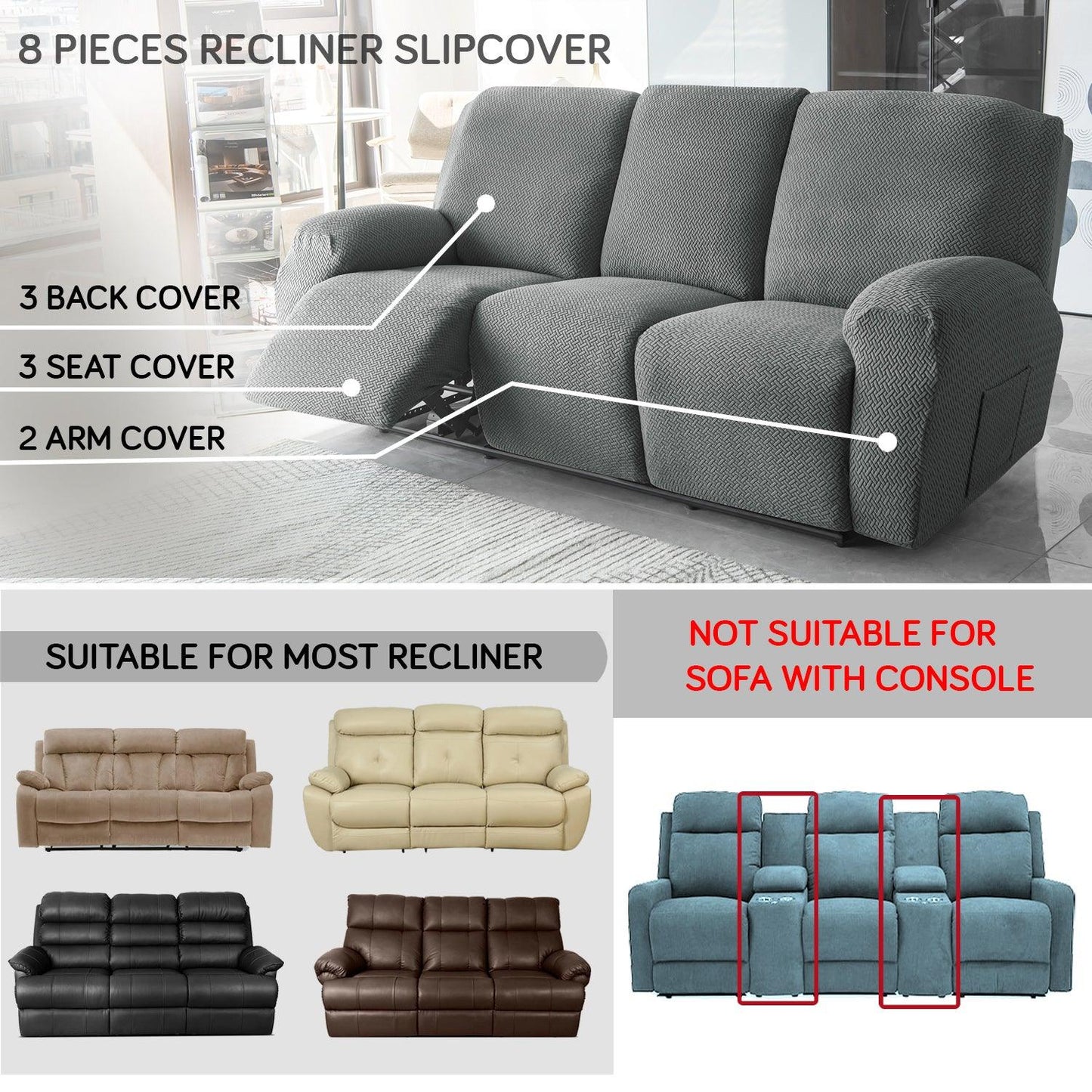 Grey Stretchable Jacquard Recliner Sofa Cover | Elastic & Anti - Slip - HOKIPO | Har Ghar ka Humsafar