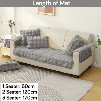 Premium Faux Rabbit Fur Anti Slip Sofa Cover Mat with 2 Armrest Cover, Cool Grey
