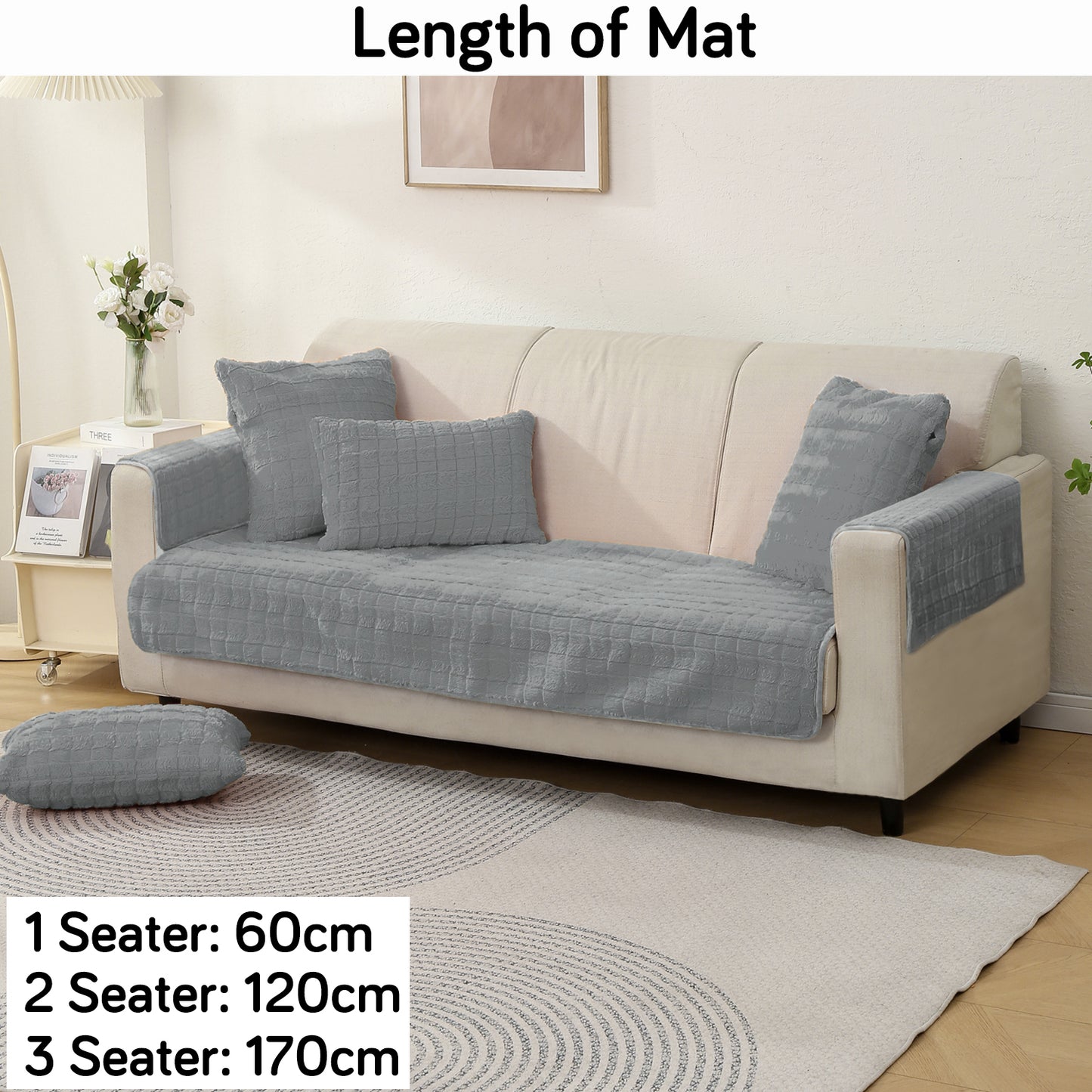 Premium Plush Anti Slip Sofa Cover Mat with 2 Armrest Cover and Cushion Cover, Light Grey