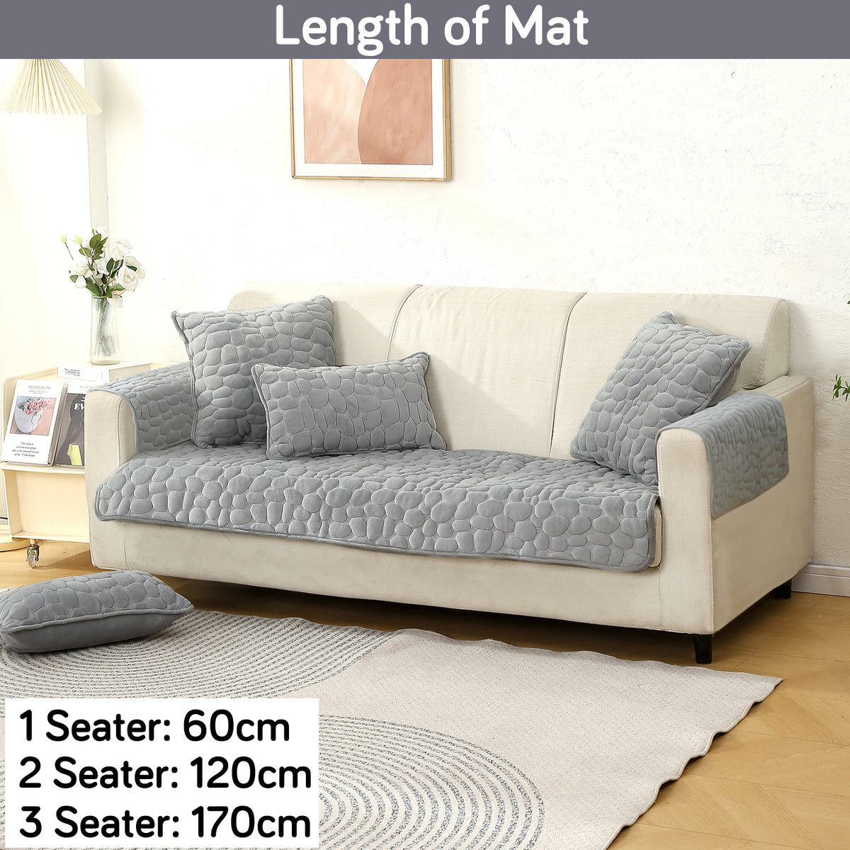 Premium Pebble Milk Velvet Anti Slip Sofa Cover Mat with 2 Armrest Cover, Moon Grey
