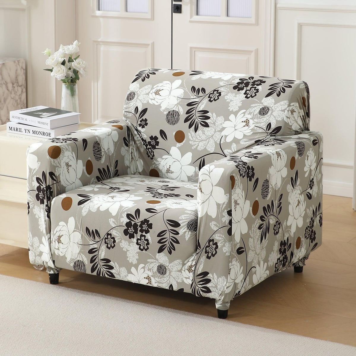 Feather Brown Floral Colour stretchable single sofa cover​