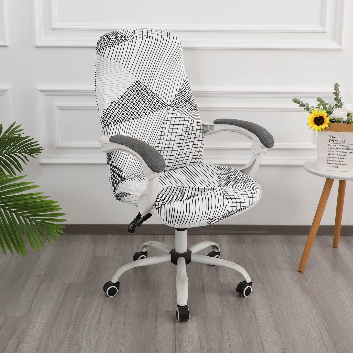 HOKIPO 140gsm Stretchable Office Chair Cover, Snow White Black Geometry - Medium / Large - HOKIPO | Har Ghar ka Humsafar