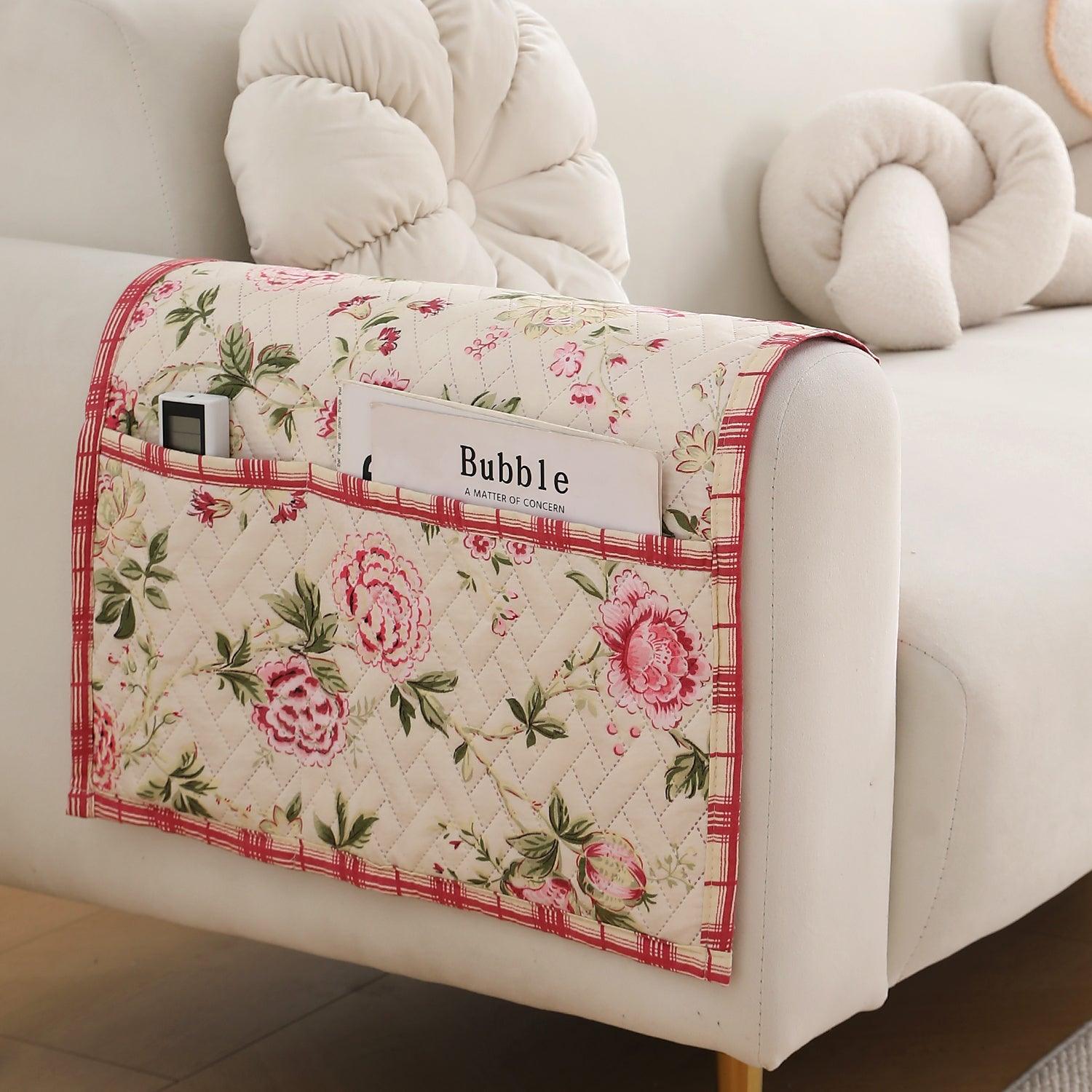 HOKIPO 2 Pcs Printed Quilted Sofa Armrest Cover, Beige Peonies - HOKIPO | Har Ghar ka Humsafar