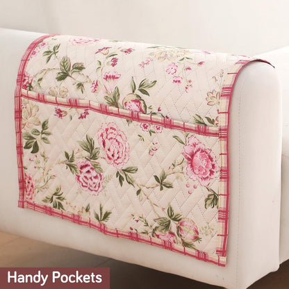 HOKIPO 2 Pcs Printed Quilted Sofa Armrest Cover, Beige Peonies - HOKIPO | Har Ghar ka Humsafar