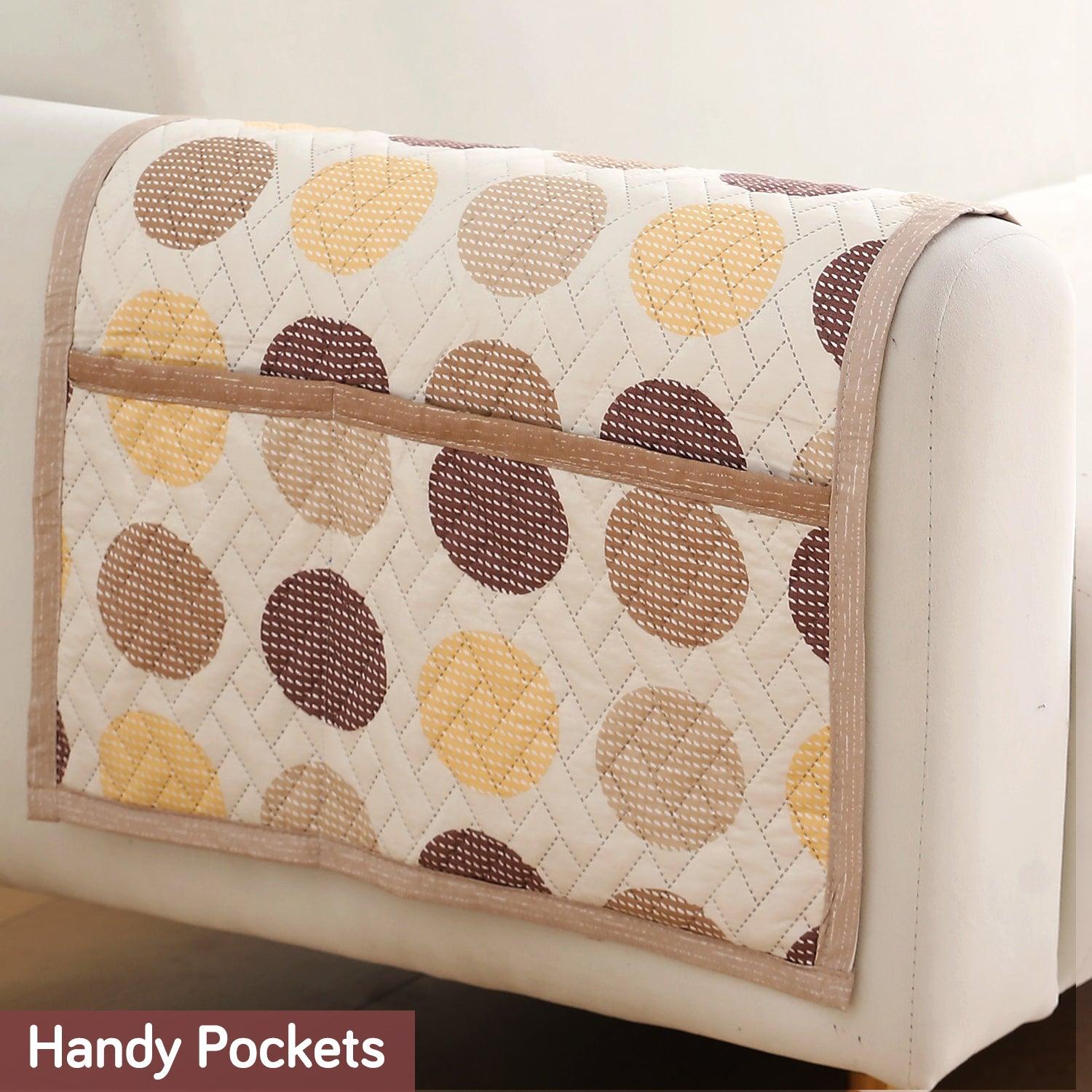 HOKIPO 2 Pcs Printed Quilted Sofa Armrest Cover, Brown Polka Dot - HOKIPO | Har Ghar ka Humsafar