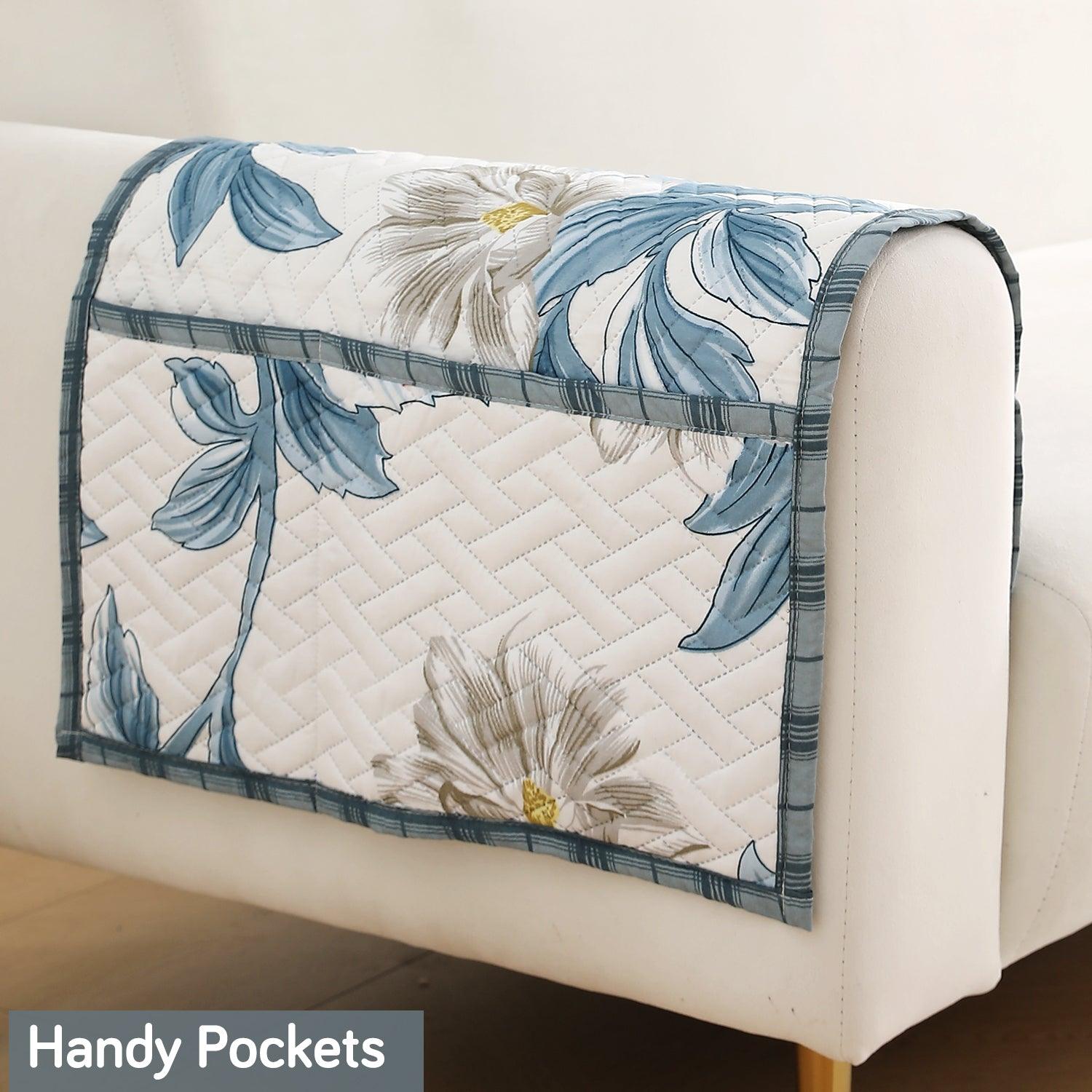 HOKIPO 2 Pcs Printed Quilted Sofa Armrest Cover, Celadon Blue Camellia - HOKIPO | Har Ghar ka Humsafar