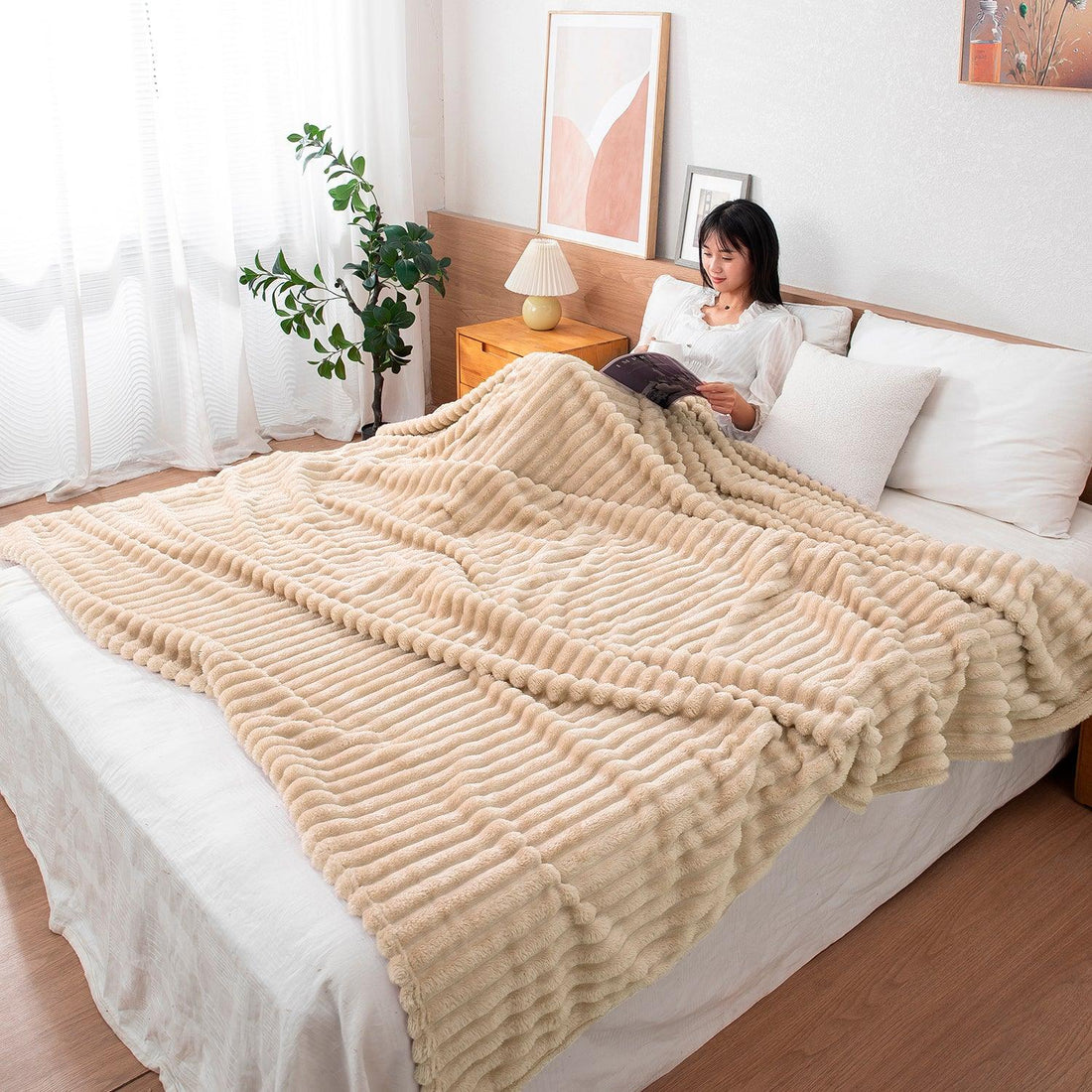 Beige Colour Striped Pattern AC Blanket Double Bed