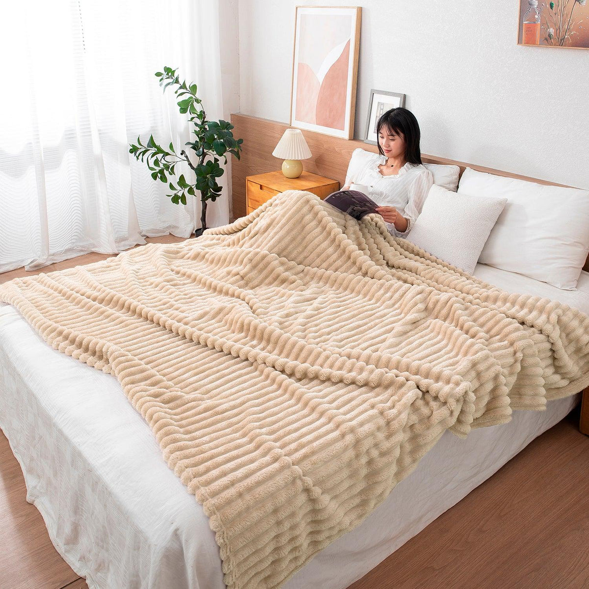 Beige Colour Striped Pattern AC Blanket Double Bed