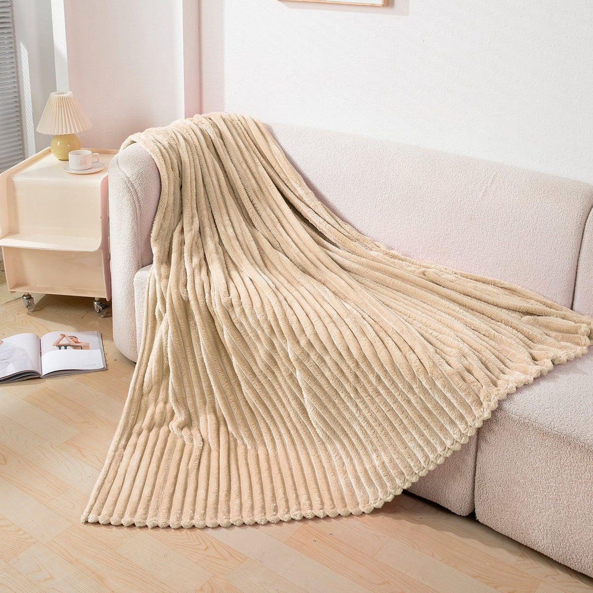 Beige Colour Striped Pattern Warm AC Blanket Double Bed | HOKIPO
