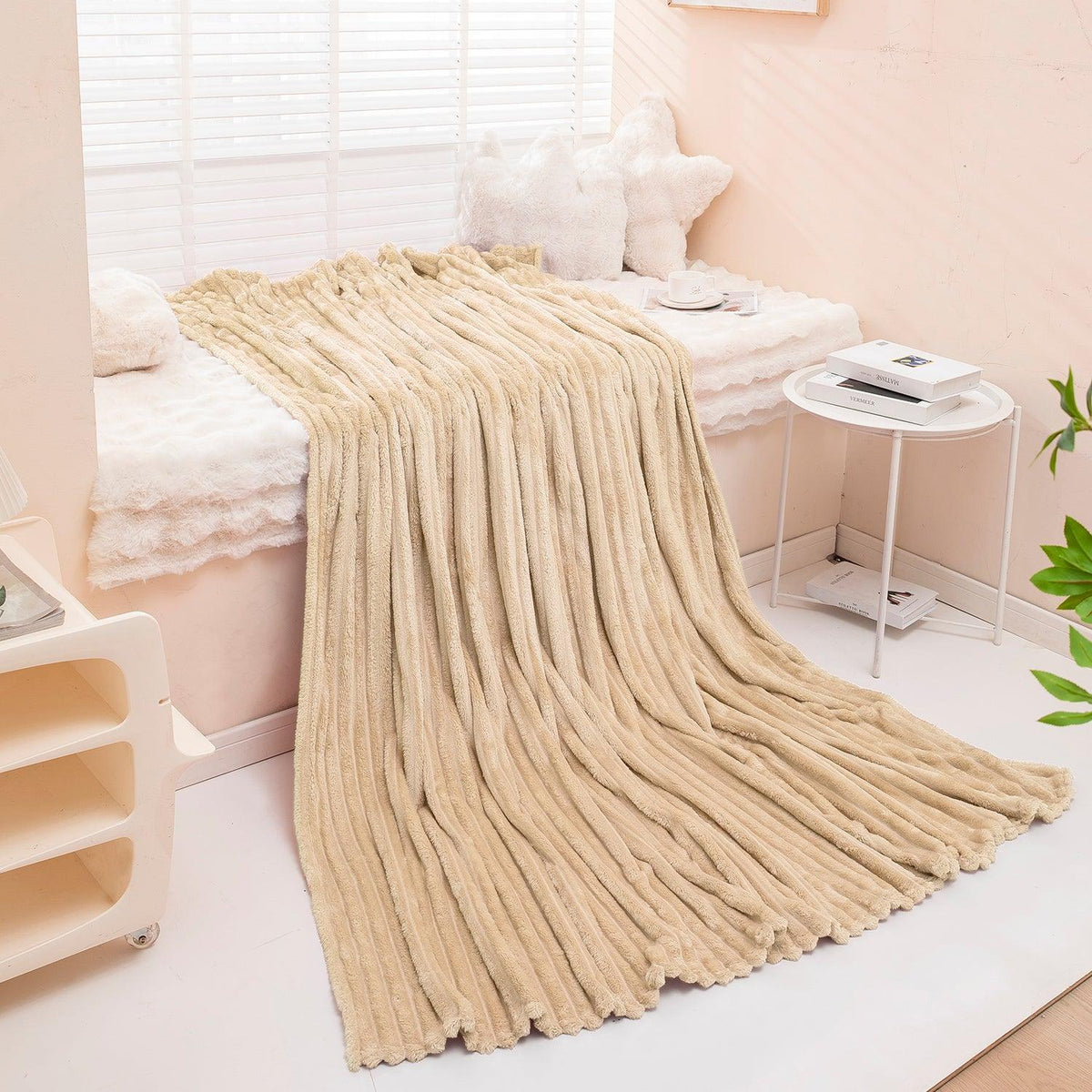 Buy Soft Beige colour fleece AC blanket for cozy bedroom lightweight blanket | HOKIPO