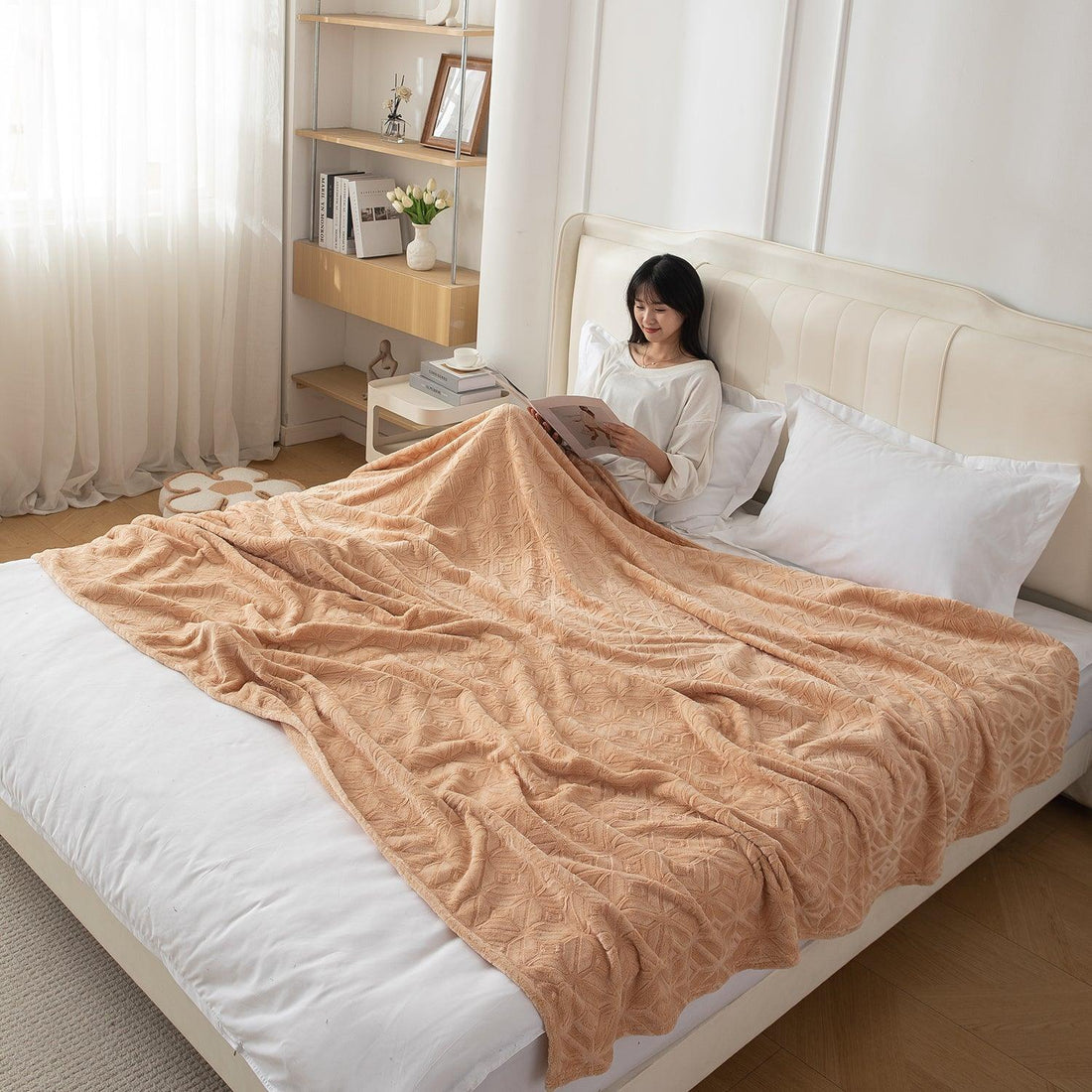 Beige Colour Fleece AC Blanket Double Bed With a Decorative Diamond Pattern