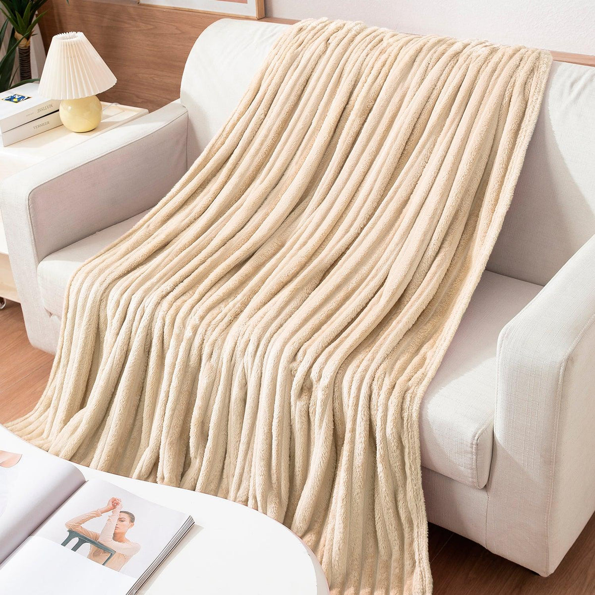 Beige Colour Luxury Blankets for Sofa | HOKIPO
