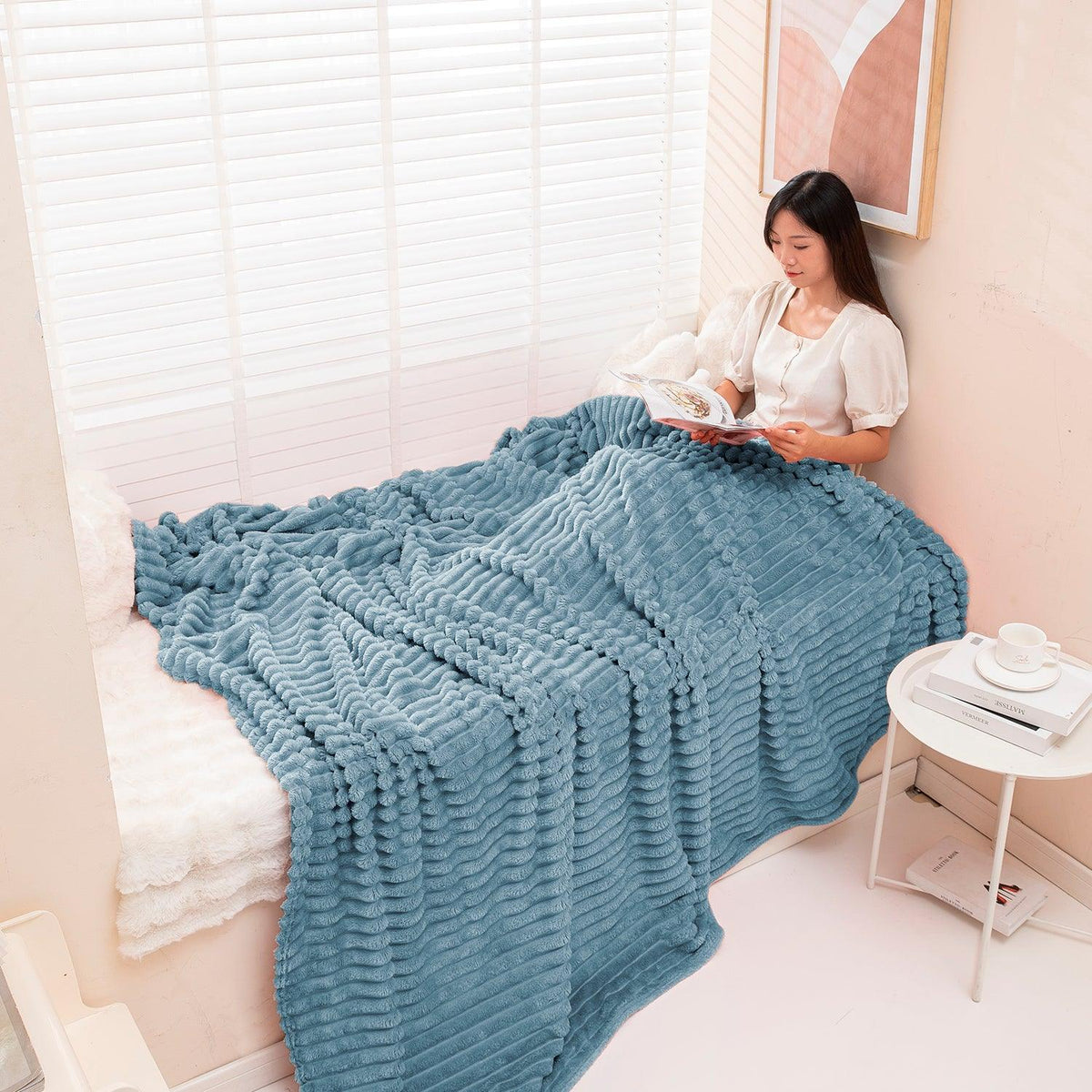 Buy Bluish Grey Striped Cozy Blanket | HOKIPO
