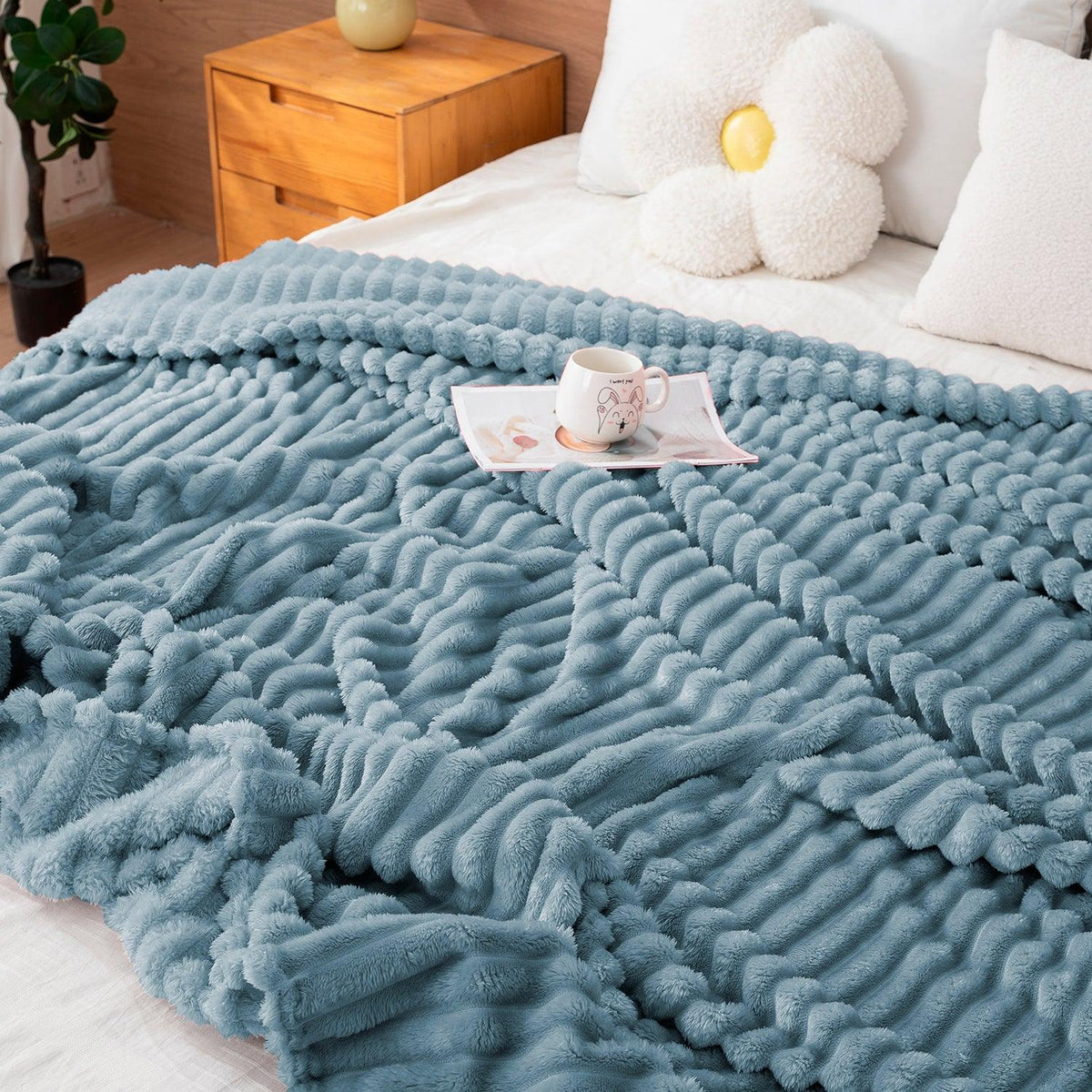 Buy Bluish Grey Striped Soft Double Bed Fleece Blanket | HOKIPO
