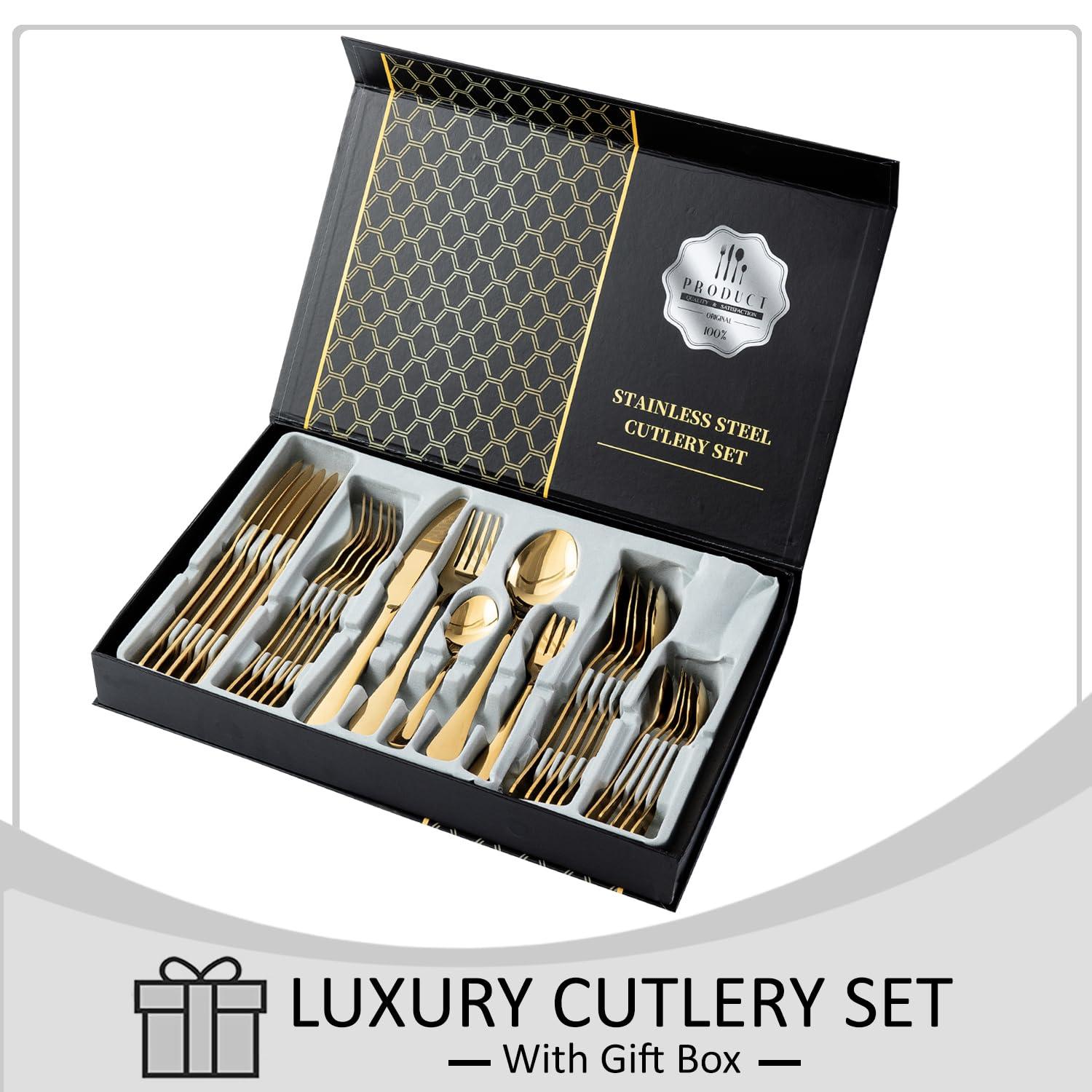 HOKIPO Cutlery Set of 30 Pcs Stainless Steel Flatware Set, Mirror Finish - Gold - HOKIPO | Har Ghar ka Humsafar