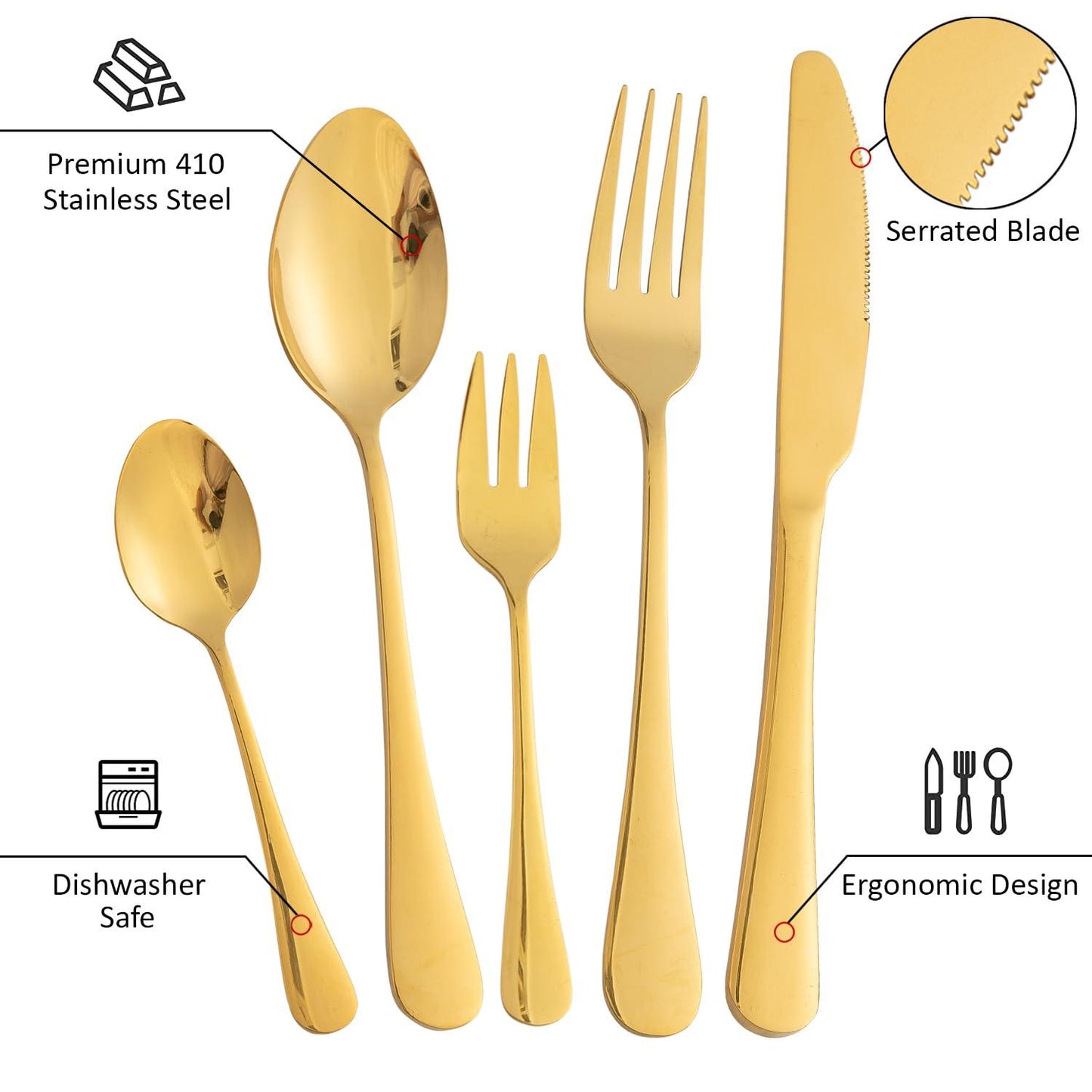 HOKIPO Cutlery Set of 30 Pcs Stainless Steel Flatware Set, Mirror Finish - Gold - HOKIPO | Har Ghar ka Humsafar