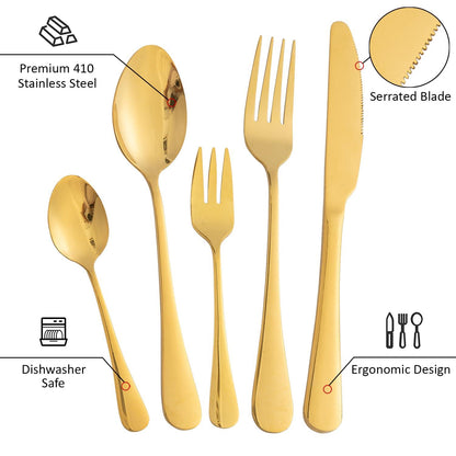 HOKIPO Cutlery Set of 30 Pcs Stainless Steel Flatware Set, Mirror Finish - Gold - HOKIPO | Har Ghar ka Humsafar