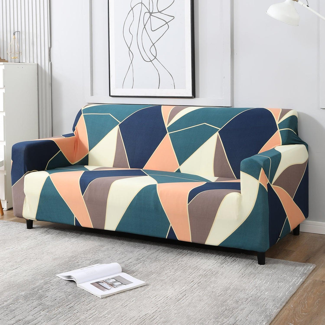 Green Peach Abstract Printed elastic 3 seater sofa cover​s