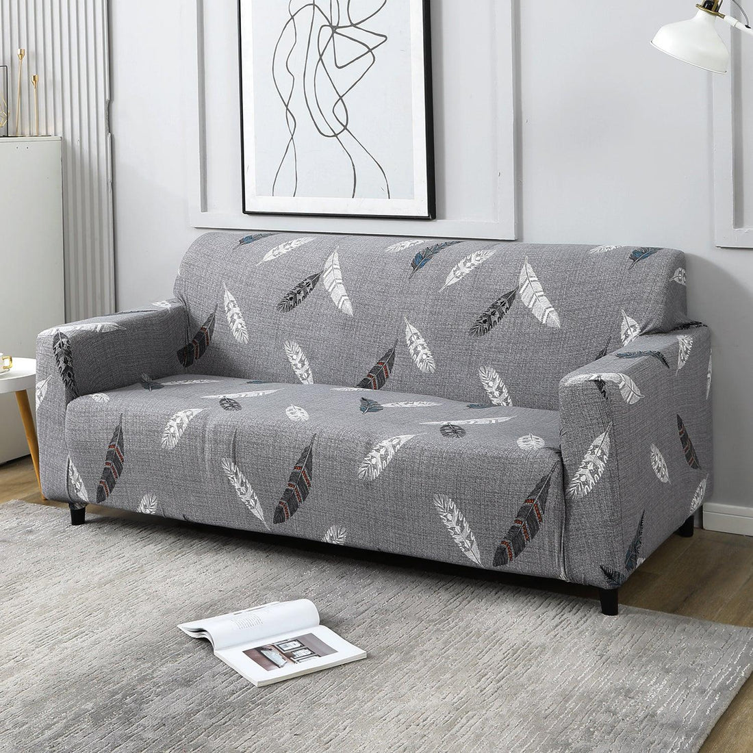 Grey colour feather print elastic sofa cover 