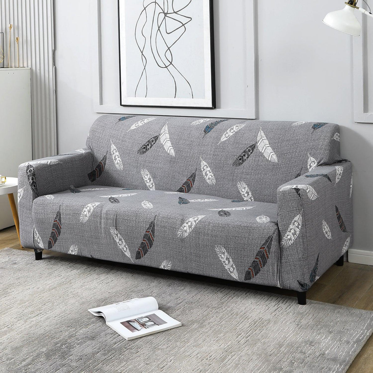 Grey colour feather print elastic sofa cover 