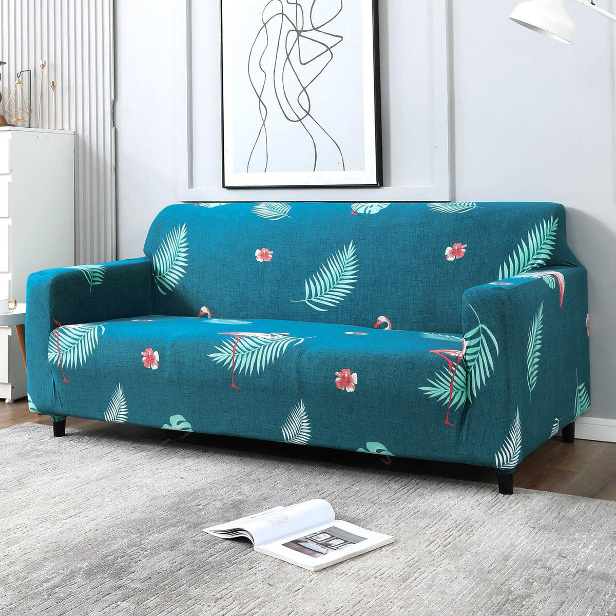 Teal colour feather print non slip elastic three seater sofa cover​​