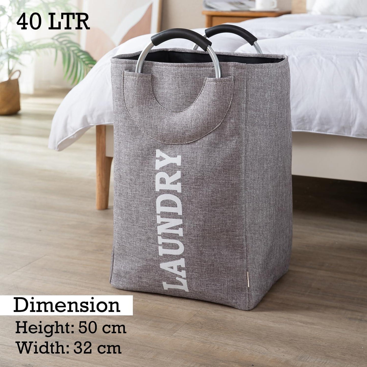 HOKIPO Foldable Laundry Bag with Handles, 40L - Grey - HOKIPO | Har Ghar ka Humsafar