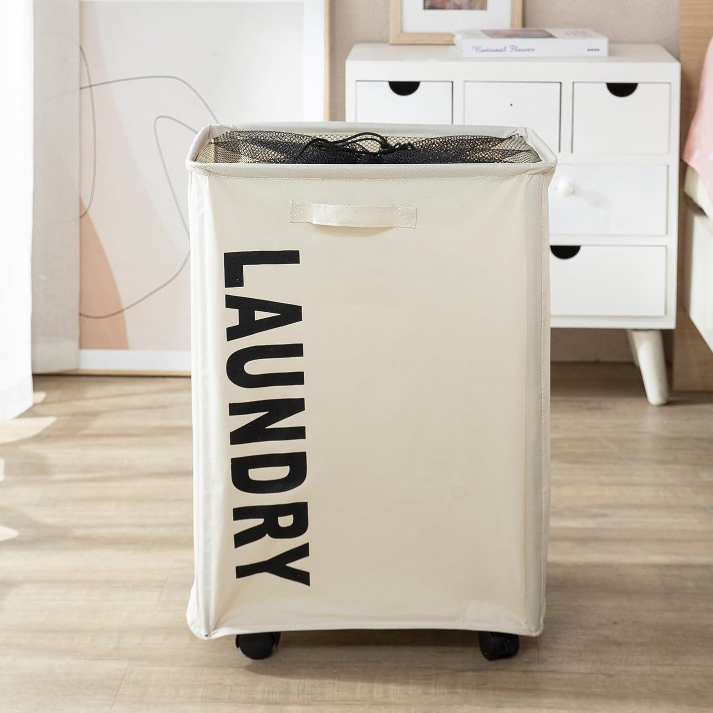 HOKIPO Foldable Laundry Hamper with Wheels, Cream - HOKIPO | Har Ghar ka Humsafar